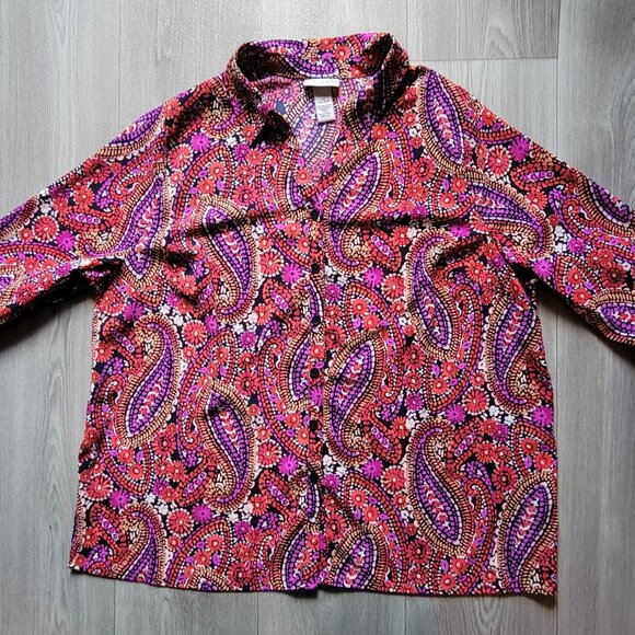 Catherines 14/16 Colorful Paisley Floral Print Button-Down Blouse - Picture 2 of 4